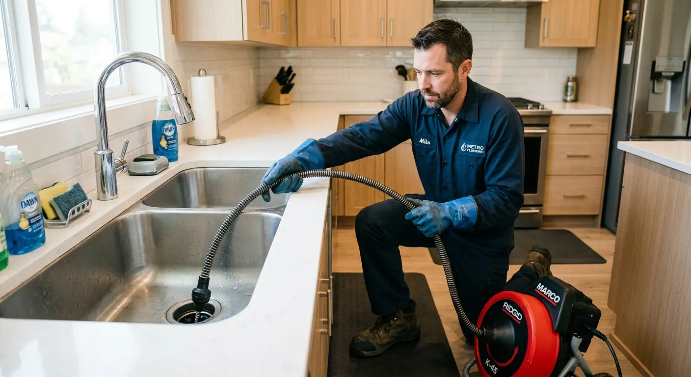 Drain cleaning technician using a motorized snake on a kitchen sink in Pittsburg