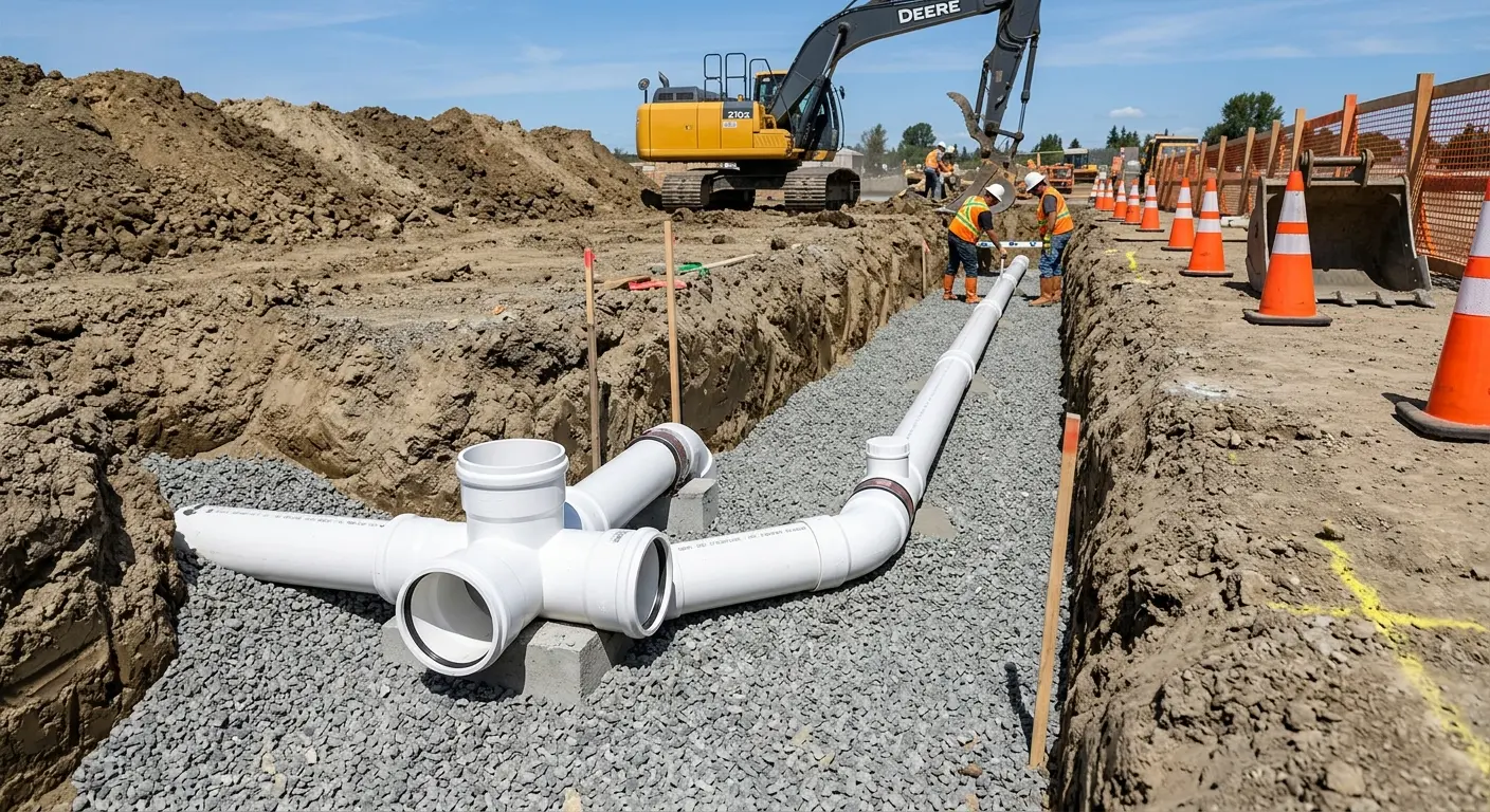 New PVC sewer pipe installation in open trench for Commercial Drain Cleaning in Pittsburg
