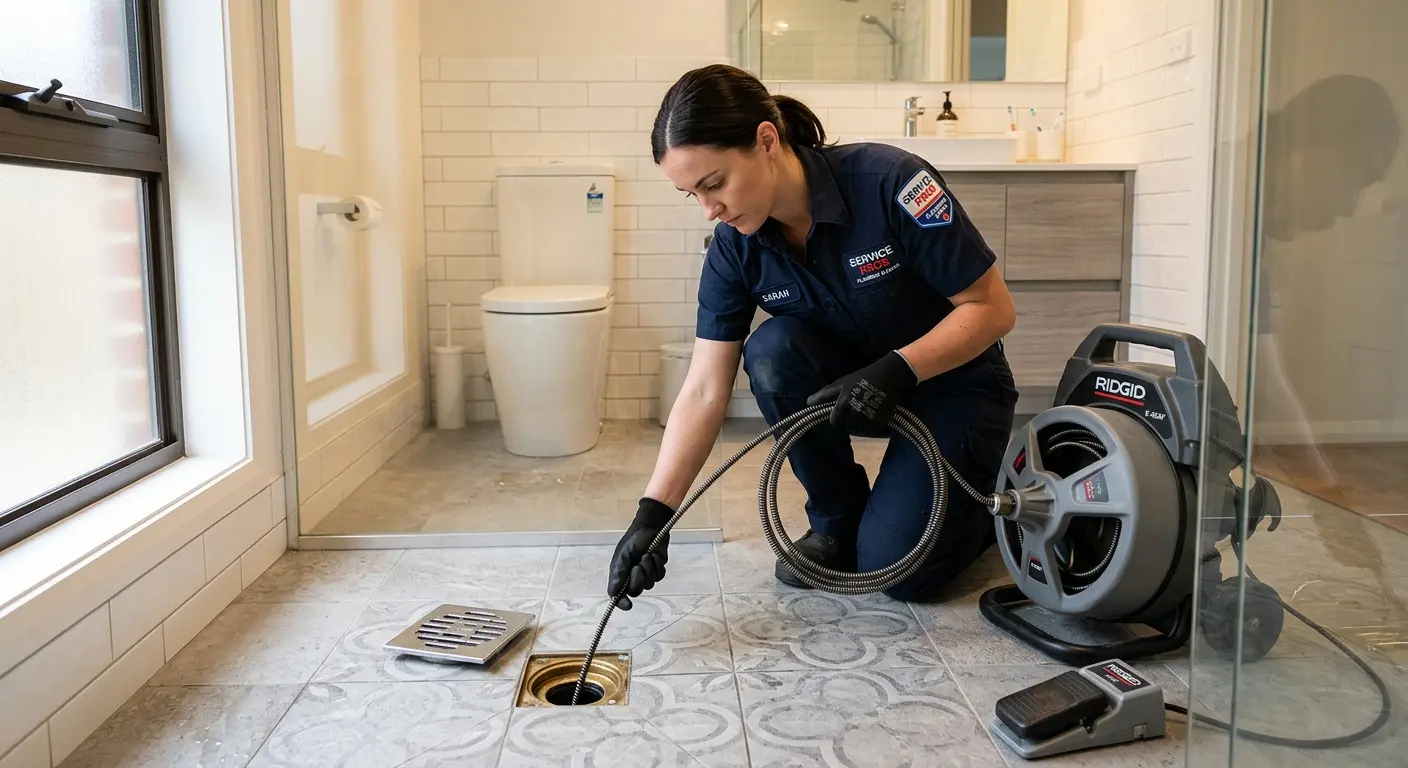 Technician clearing a bathroom floor drain for Clogged Drain Repair in Pittsburg